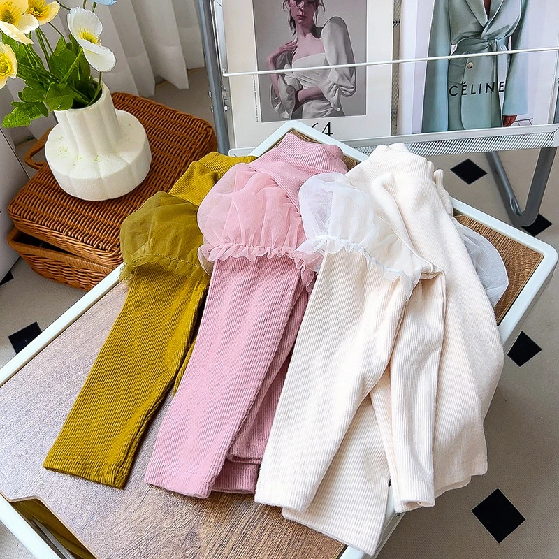 女童中小童春秋新款网纱泡泡袖花边半高领打底衫TQ359