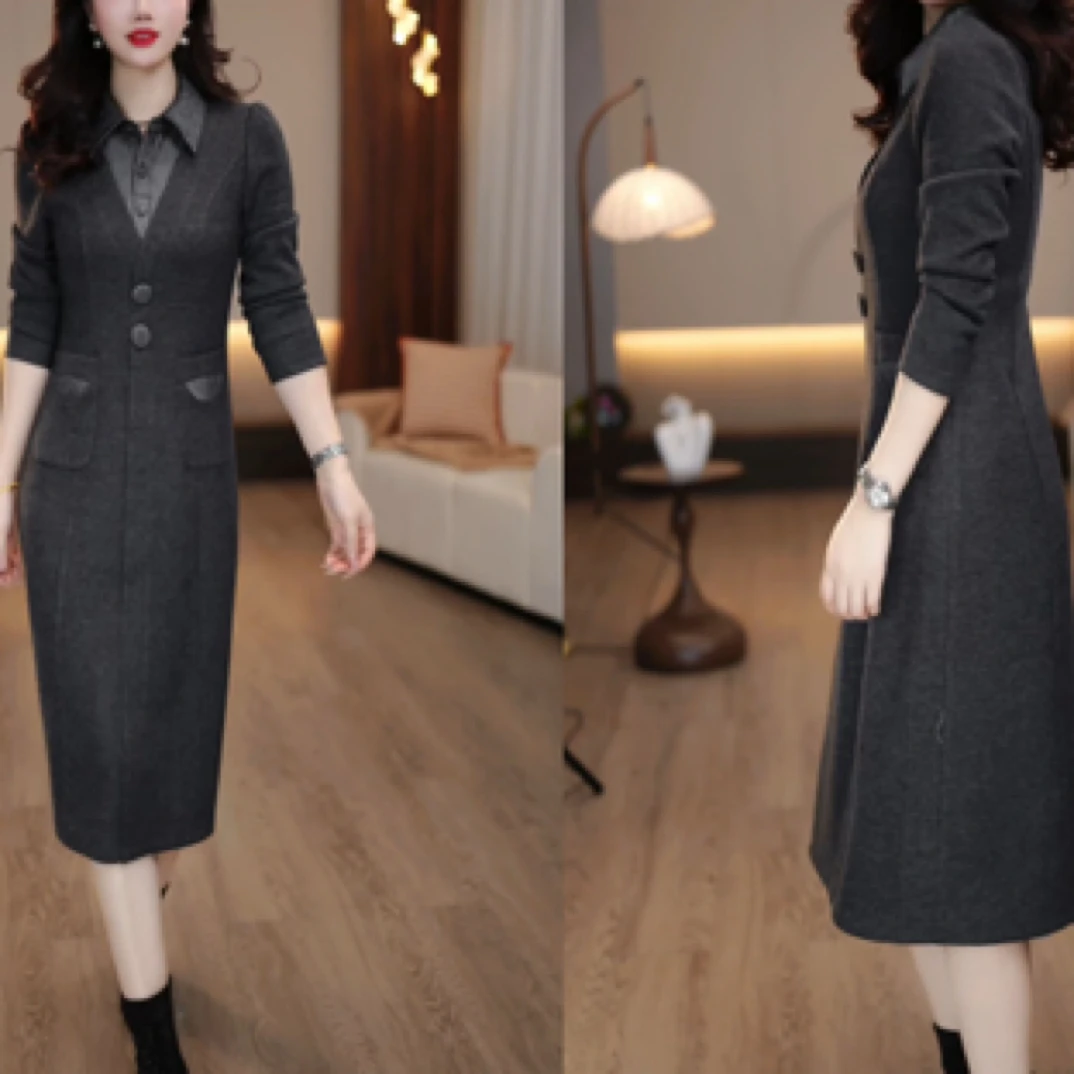 ㊀2024秋冬新款知性经典设计翻领干练假两件连衣裙