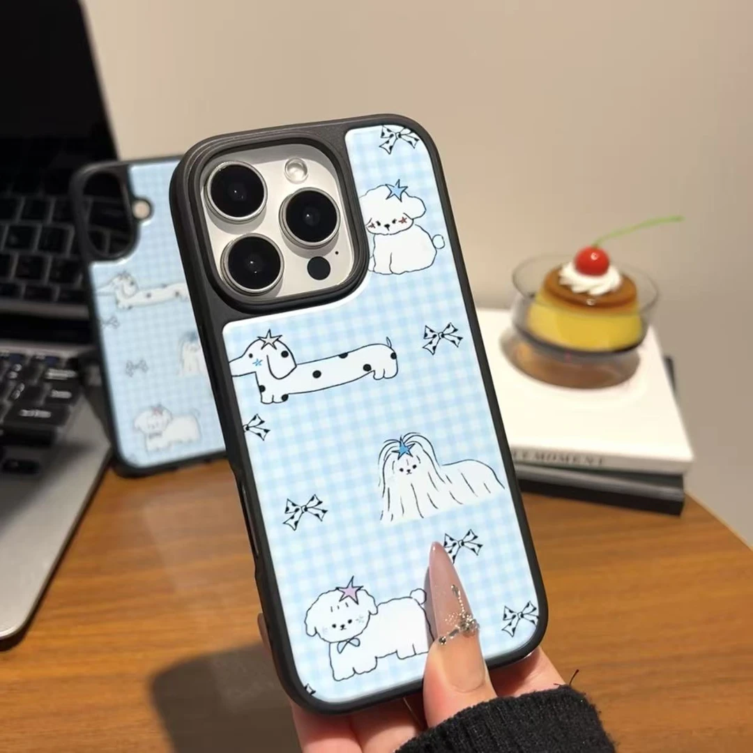 蓝格纹小狗适用苹果17pro磨砂晶瓷手机壳iPhone14磁吸硬防摔亮面