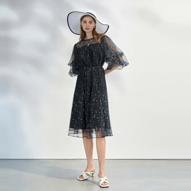 S·DEER圣迪奥轻奢碎花蕾丝公主袖休闲显瘦宽松连衣裙S232Z12F1