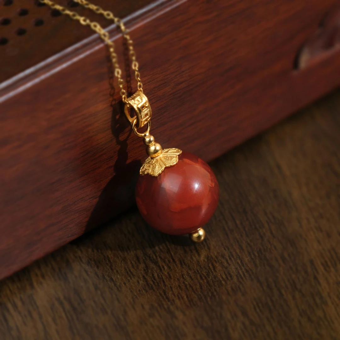 画喜妖艳火焰纹南红吊坠 气质女士复古国风红色单珠坠链