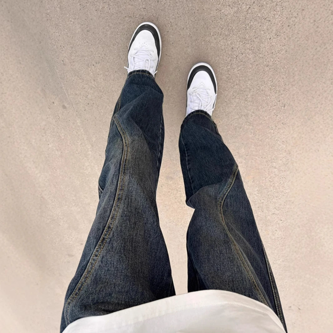 美式高街vibe风裤子小众拼接感痞帅炸街牛仔裤修身显瘦宽松直筒裤