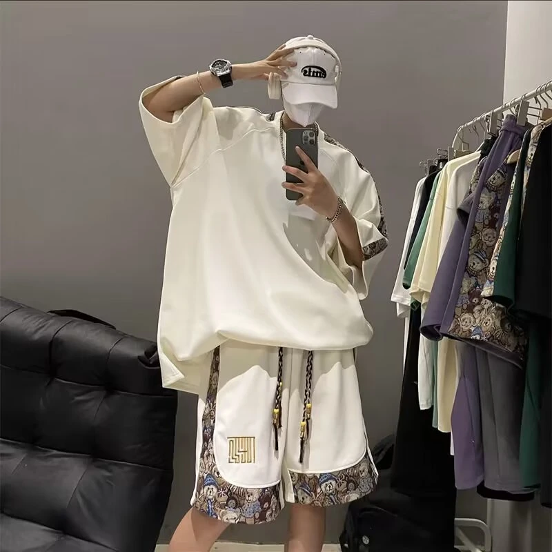 新款美式运动服套装男夏季潮牌短袖短裤两件套高级感男装搭配帅气