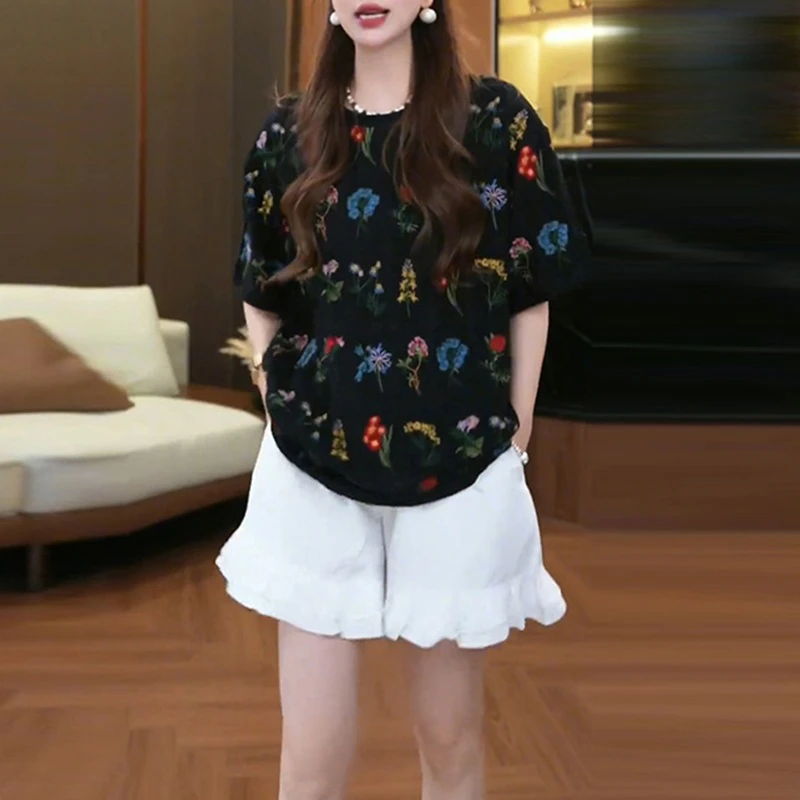 夏季新款洋气衣服女设计感洋气小众碎花短袖T恤小衫宽松显瘦上衣