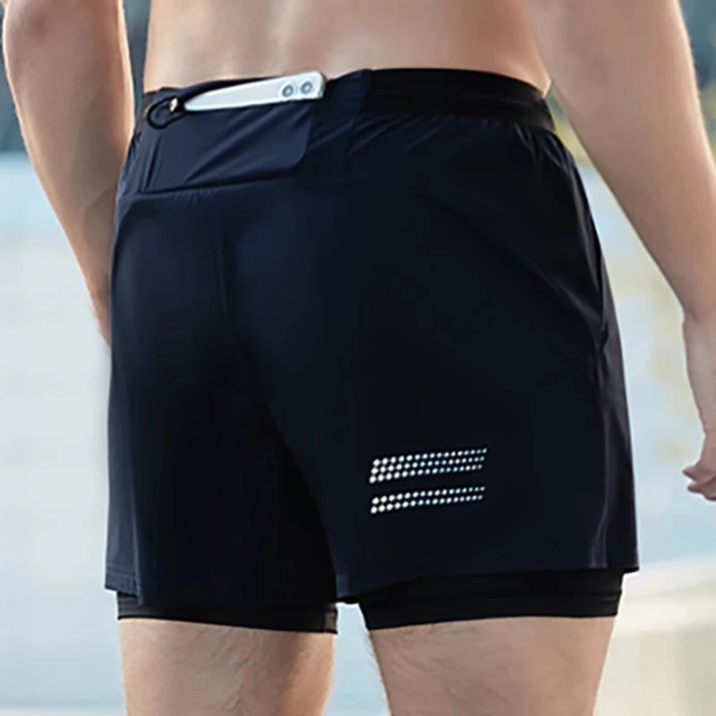 可放手机马拉松专用透气冰丝速干跑步短裤男士运动假两件三分裤
