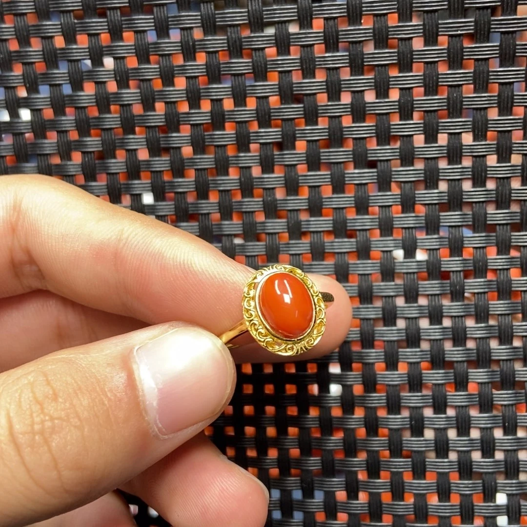 南红玛瑙银S925镀金镶嵌戒指