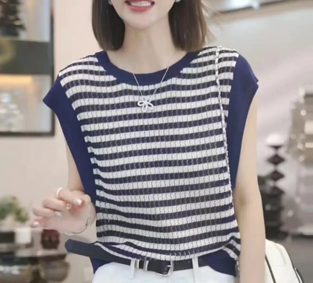 夏季高级感撞色镂空无袖冰丝针织衫女韩版时尚洋气简约百搭上衣