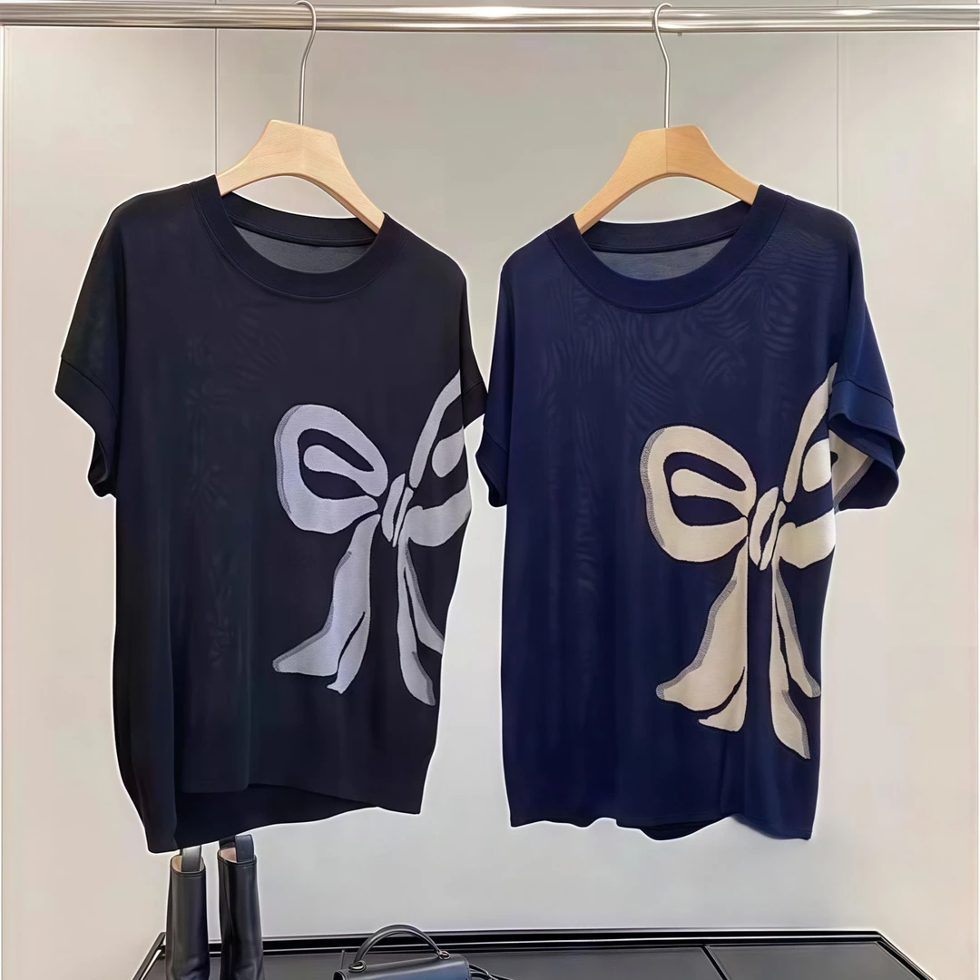 【100%莱赛尔天丝】女士夏季蝴蝶结圆领镂空针织衫短袖T恤2070