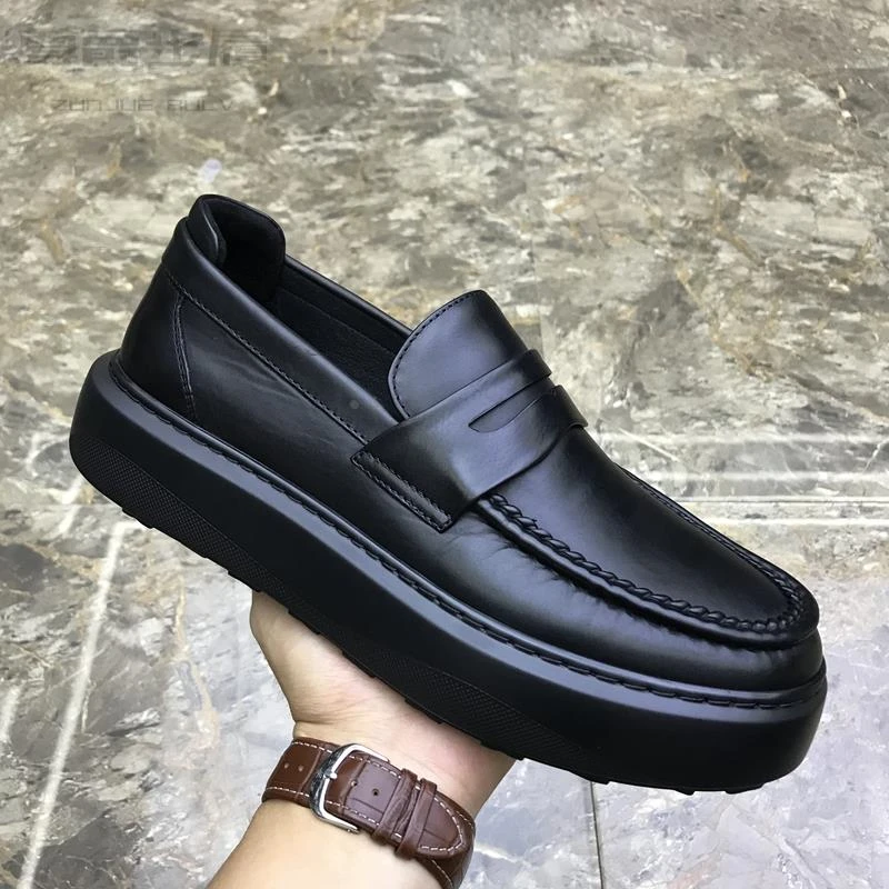黑色时尚男鞋秋季新款头层牛皮百搭透气厚底一脚蹬懒人休闲皮鞋