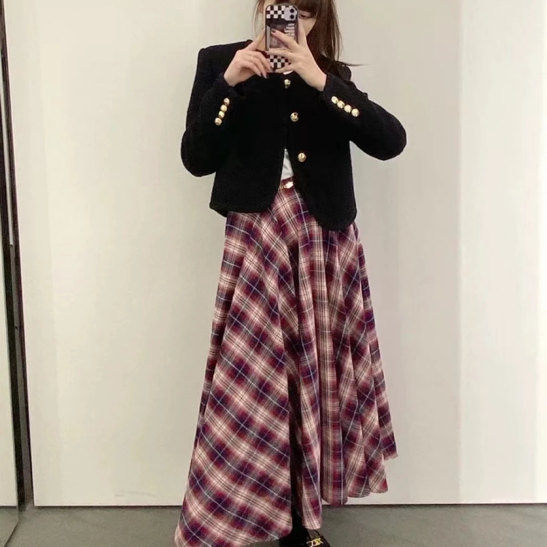 99新 Celine/思琳 2022春夏法兰绒红色格子长款半身裙 01265特价