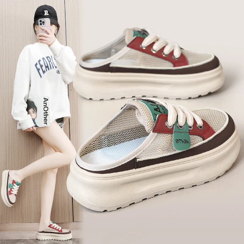 新款网面半拖女夏季透气休闲网鞋女鞋厚底ins凉鞋增高百搭拖鞋