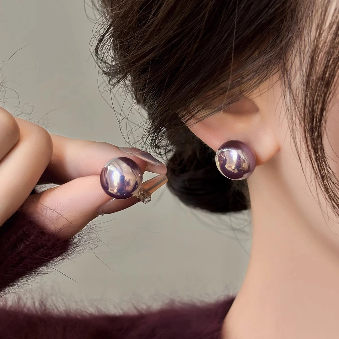 高级感紫色圆球馒头耳钉女小众时尚耳环百搭简约耳饰潮大耳钉
