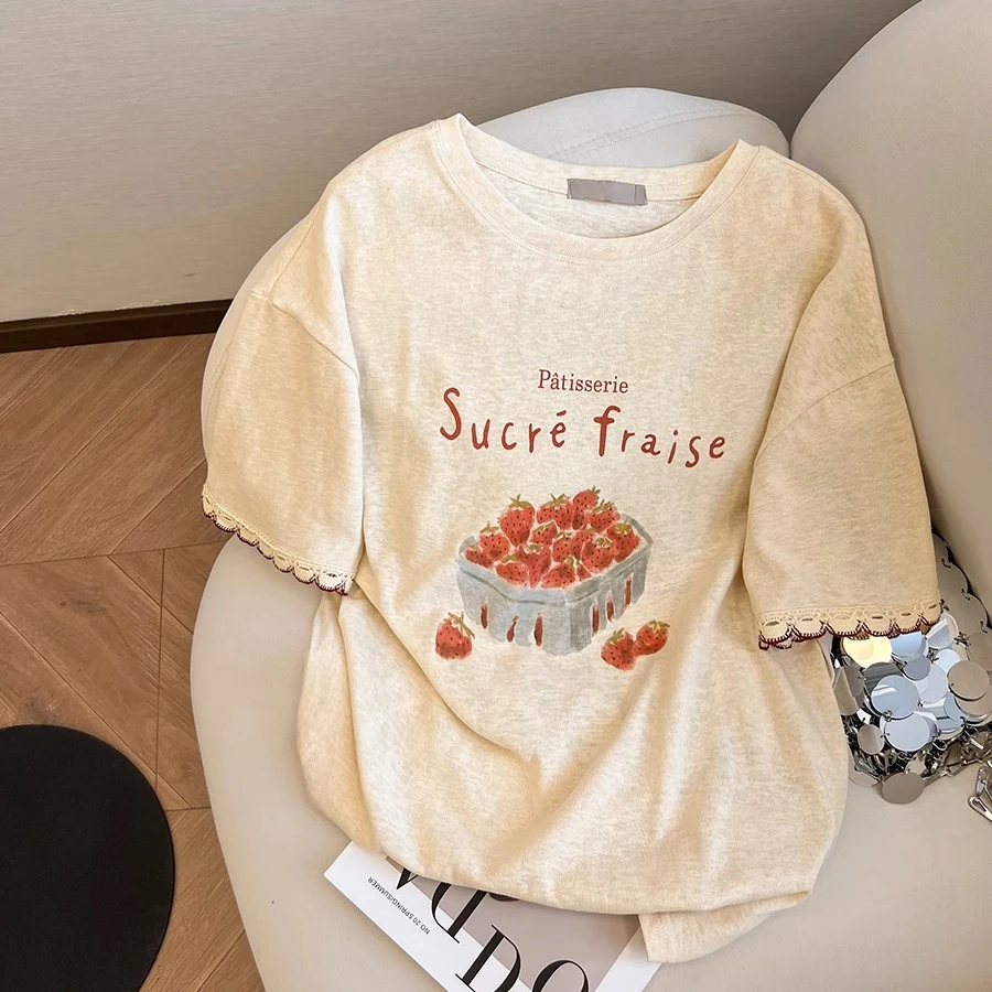 复古草莓印花雪花亚麻短袖T恤夏大码宽松中长款减龄小众上衣