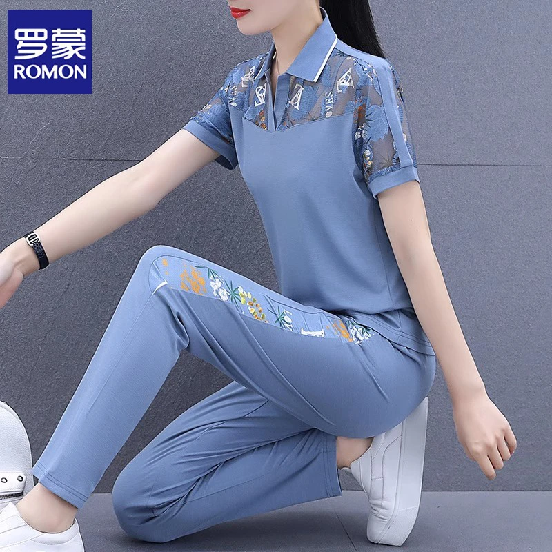 罗蒙冰丝短袖运动服套装女士夏季薄款中年妈妈休闲时尚polo衫套装