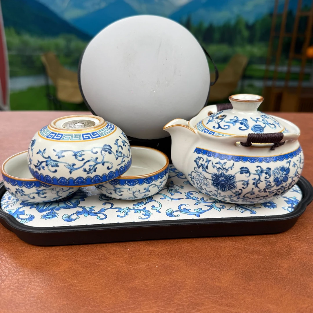 238青花缠枝莲宝瓶旅行茶具一壶三杯带茶盘