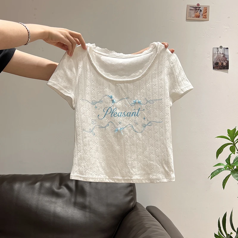 纯欲圆领蕾丝边印花短袖T恤女2025年夏季新款修身显瘦小上衣