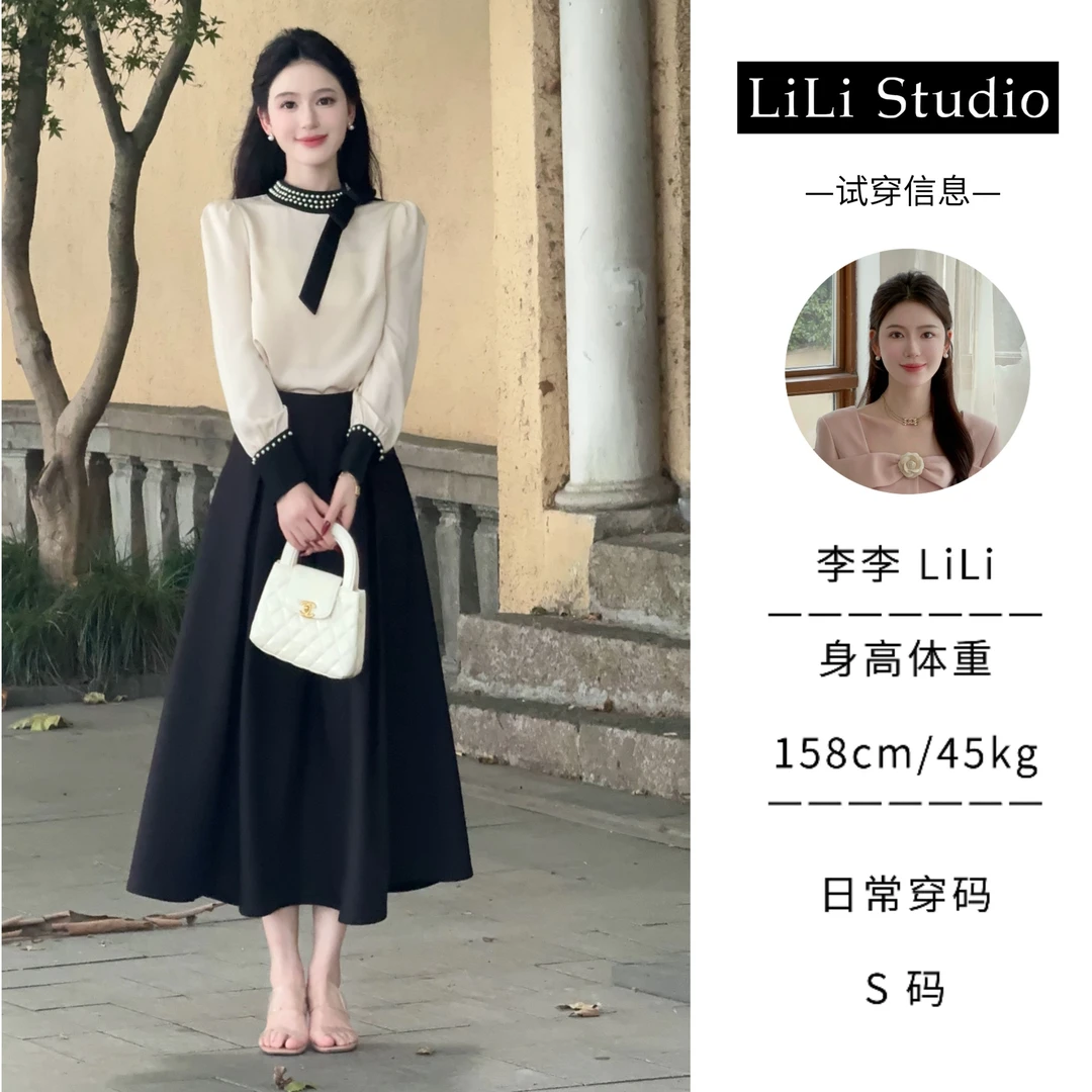 【夏娃】LiLi千金风重工钉钻缎面衬衫+半裙 XMZH4095