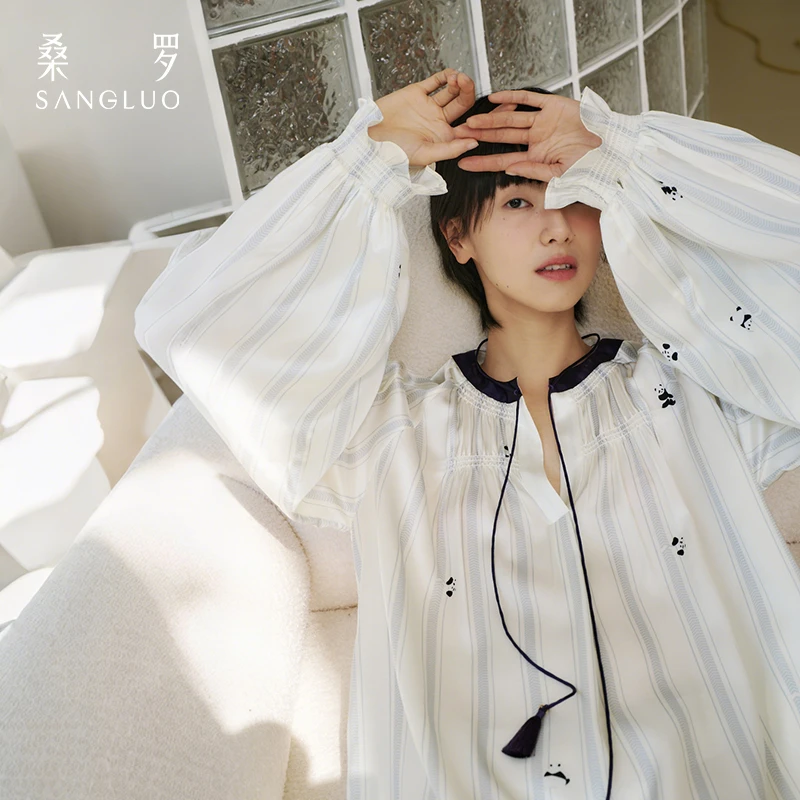 【熊猫&新中式】桑罗真丝熊猫睡衣长袖中长款睡裙03463111/03423166