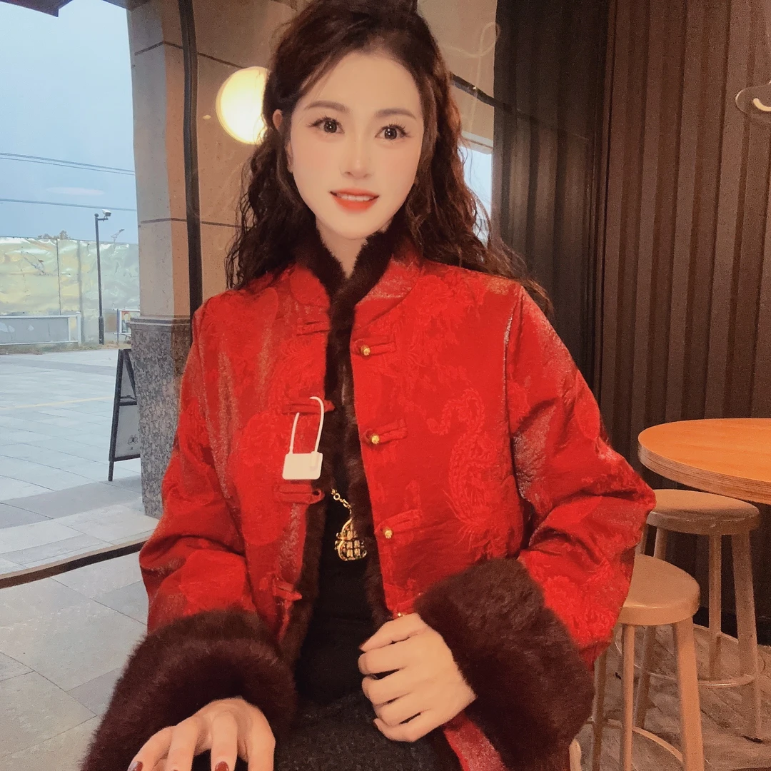 【红妆】新中式气质立领手工盘扣兔毛皮草香云纱人丝双面穿上衣FY