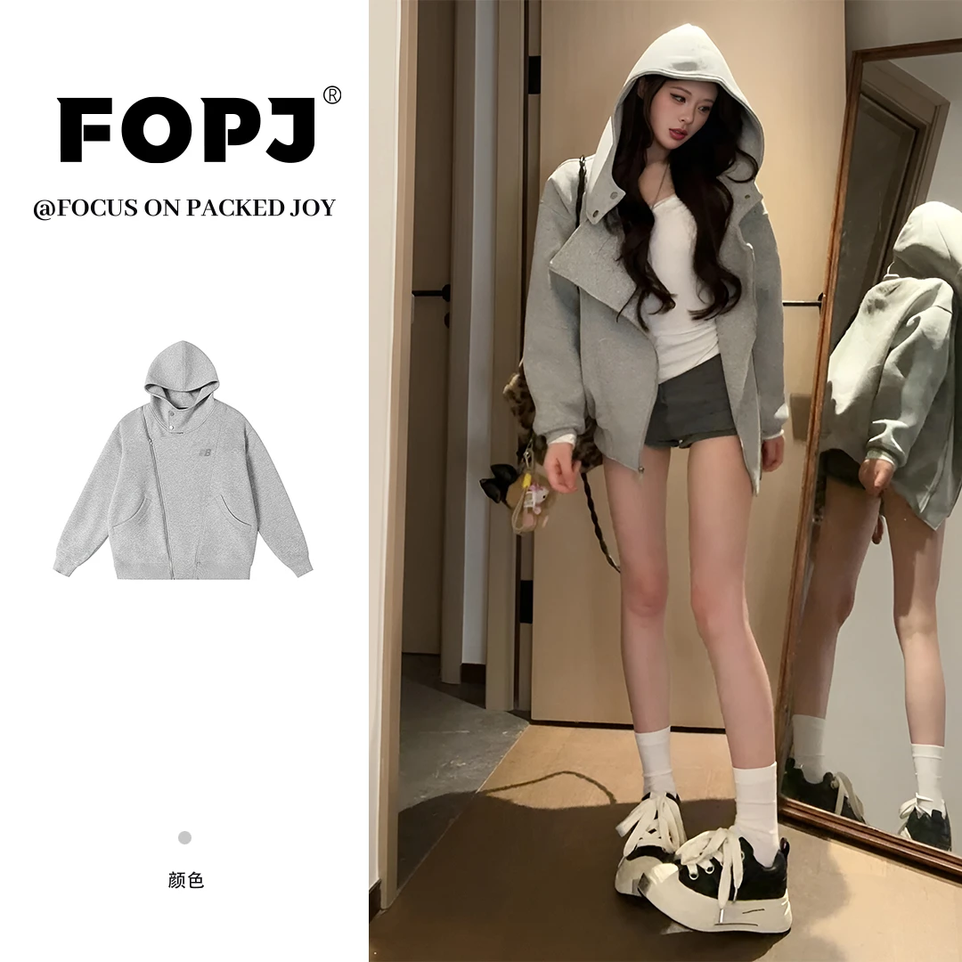 FOPJ刺绣款双拉链开衫空气层连帽卫衣女外套保暖设计感慵懒风上衣