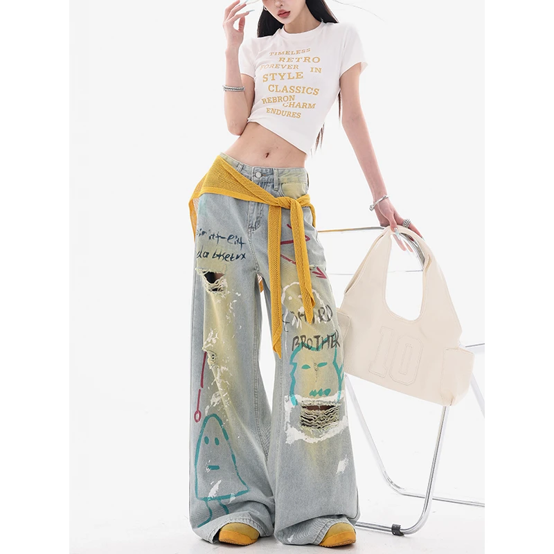 ABWEAR橙C美式-原创涂鸦破洞牛仔阔腿牛仔裤女高腰炸街拖地直筒裤