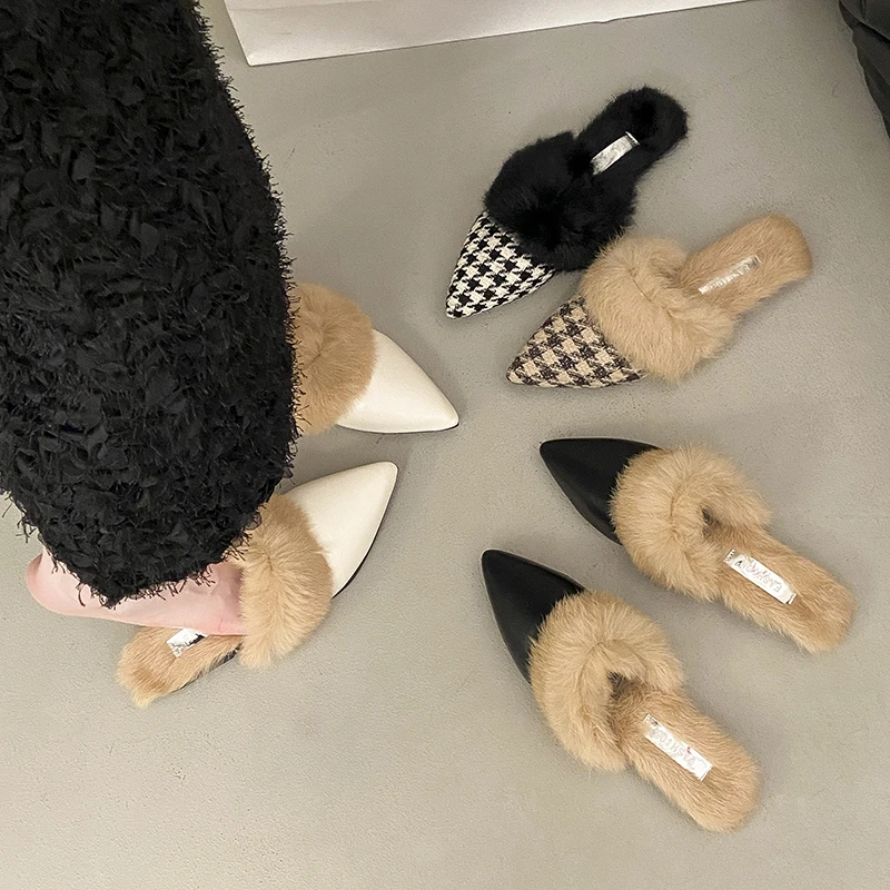 尖头毛毛拖2025秋冬百搭时尚包头半拖鞋女新款千鸟格外穿平底防滑