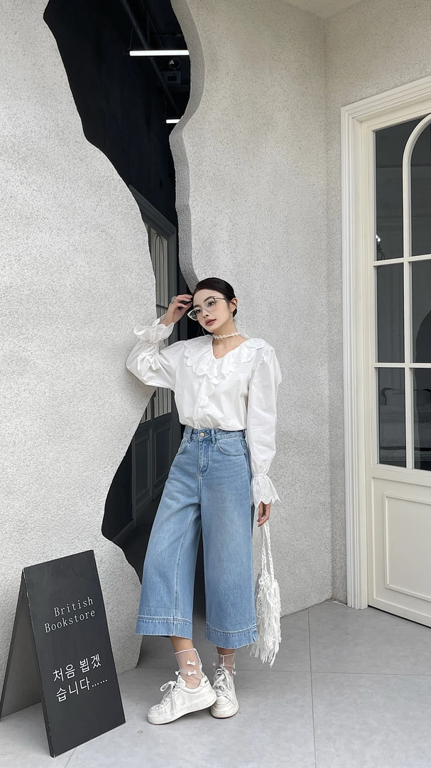 【夏】8019蓝色直筒阔腿显瘦水洗阔腿牛仔裤