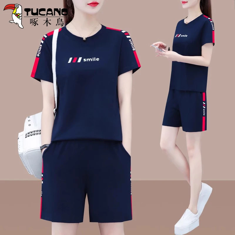 啄木鸟短袖运动套装女夏季2025新款洋气减龄短裤休闲服跑步两件套