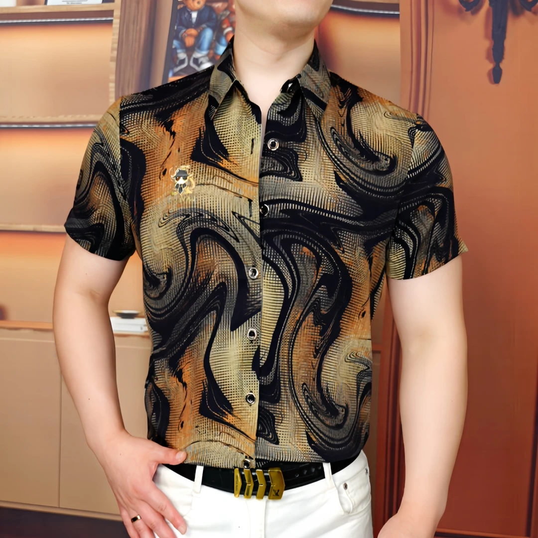 《幻棕漩涡》2025夏衬衫个性男士修身翻领帅气商务时尚休闲百搭潮流