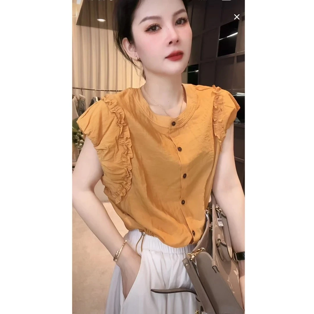花边袖纽扣衬衫女2025夏季新款高级感小众时尚百搭洋气女装上衣服