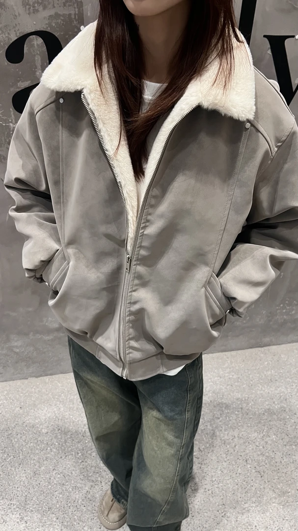 FIN【现货】美拉德毛领PU皮棉服夹克男女同款加厚保暖外套