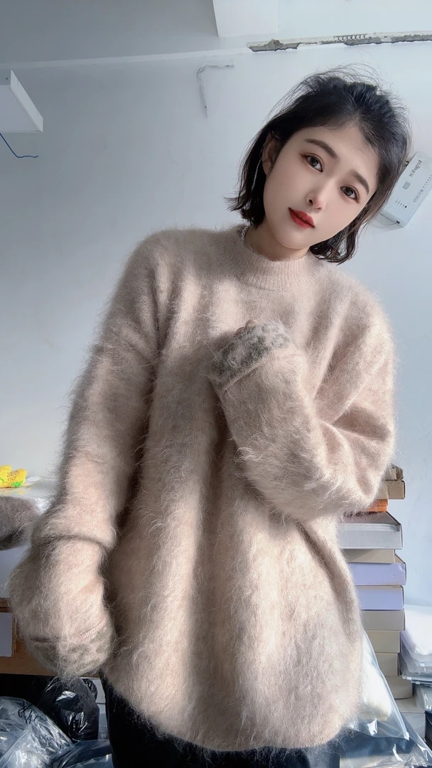 马海毛长毛拉毛宽松慵懒风袖口豹纹设计感毛衣