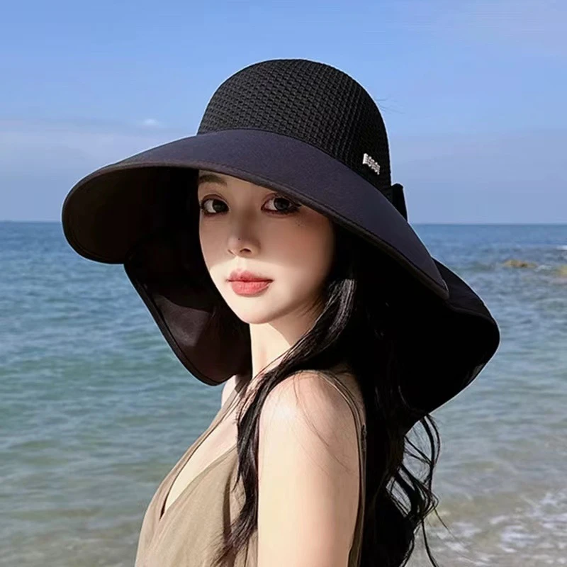 夏天遮脸披肩防晒大檐渔夫帽户外防紫外线遮阳帽女士防晒空顶帽