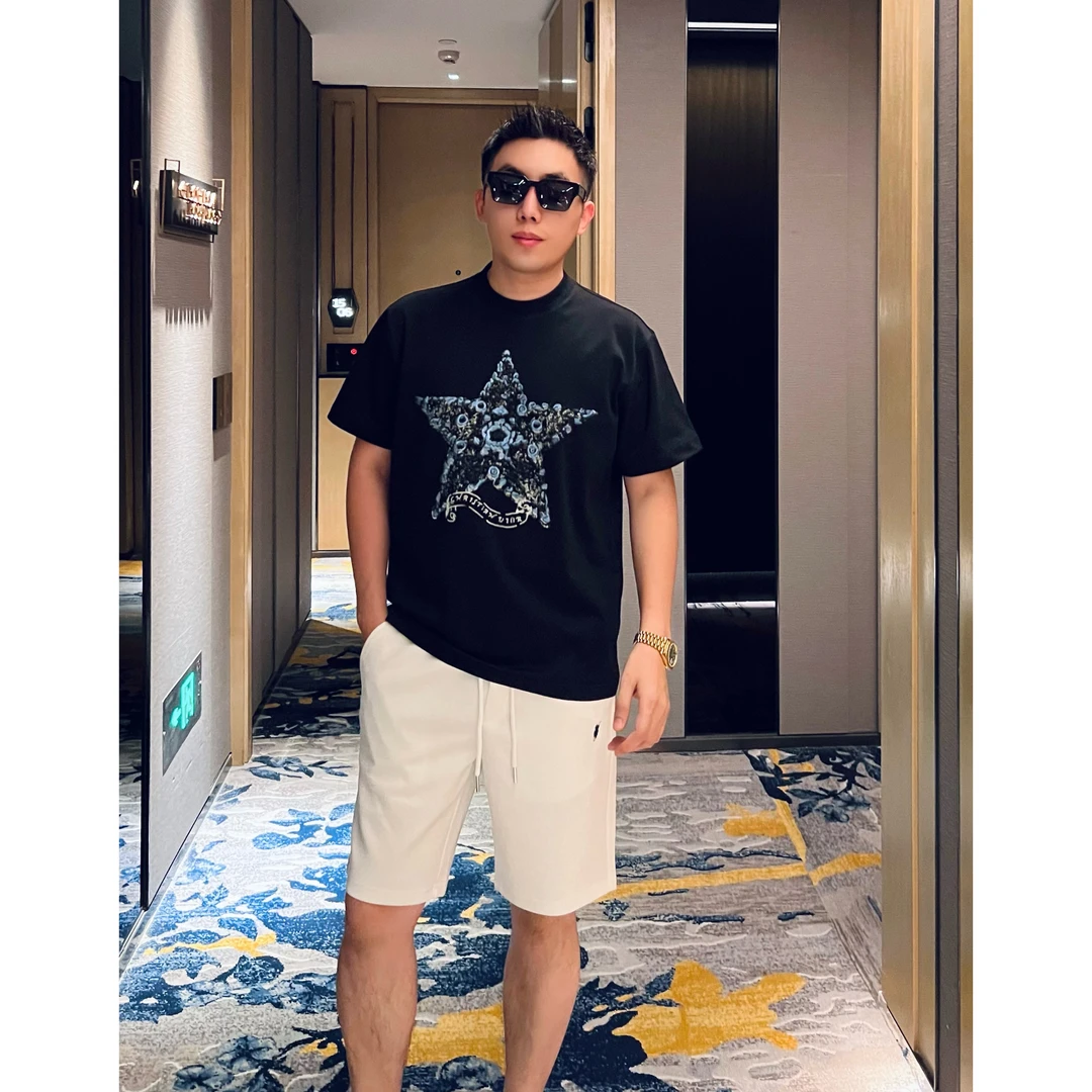 【五星玫瑰】夏季薄款立体刺绣液氨棉弹性短袖T恤WYG9732