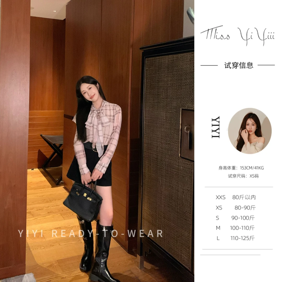 【紫雾伦敦内搭】<YiYiii>小个子时尚格纹上衣百搭显瘦高腰短裤