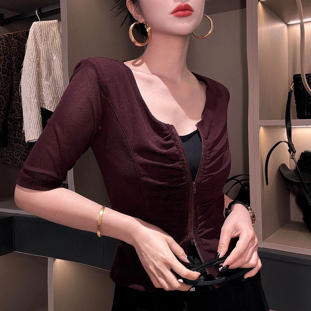 莎火火-原创新款抽褶女时尚冰丝修身显瘦开衫防晒小上衣潮3006