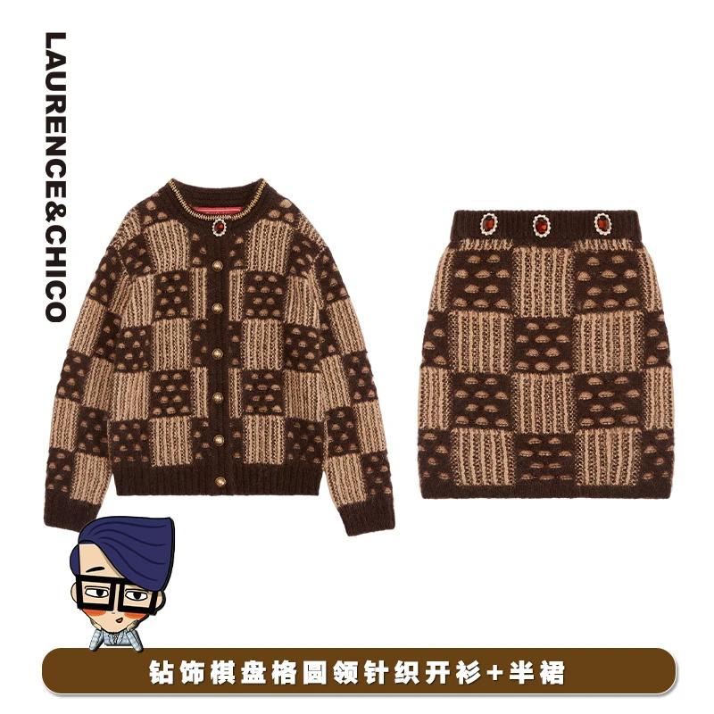 【文文】钻饰棋盘格圆领针织开衫+钻饰棋盘格针织半裙C5AE20099323