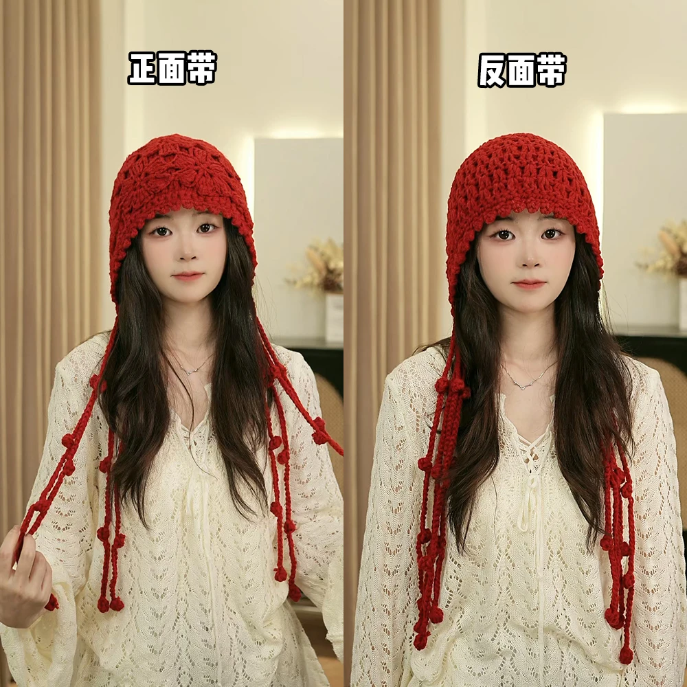 秋冬流苏包头帽女帽子女款毛球帽针织帽大头显脸小双层花朵民族风