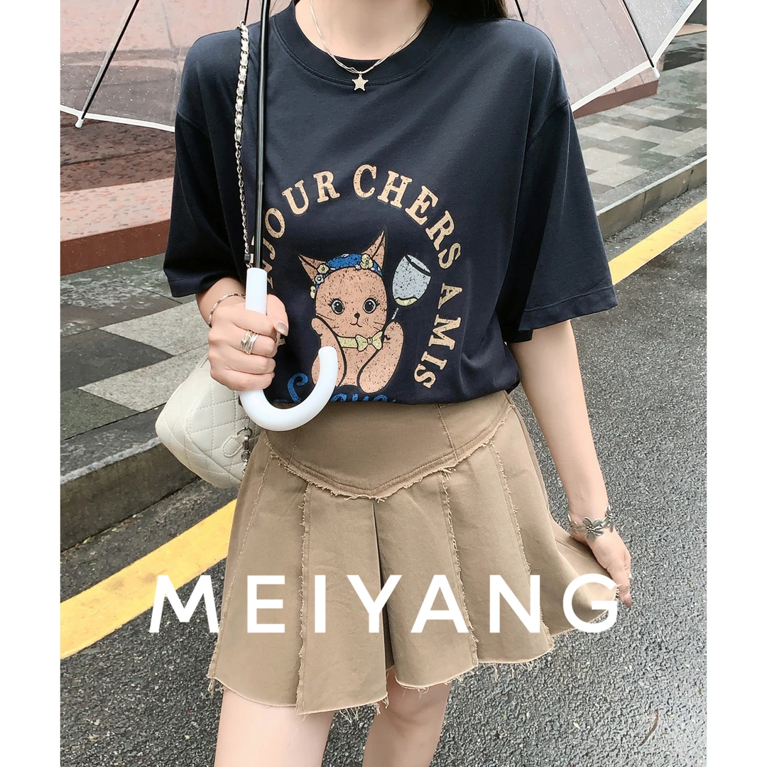 A美洋MEIYANG 橘猫T恤 凉感莱赛尔_萌趣圆领印花短袖上衣-周二
