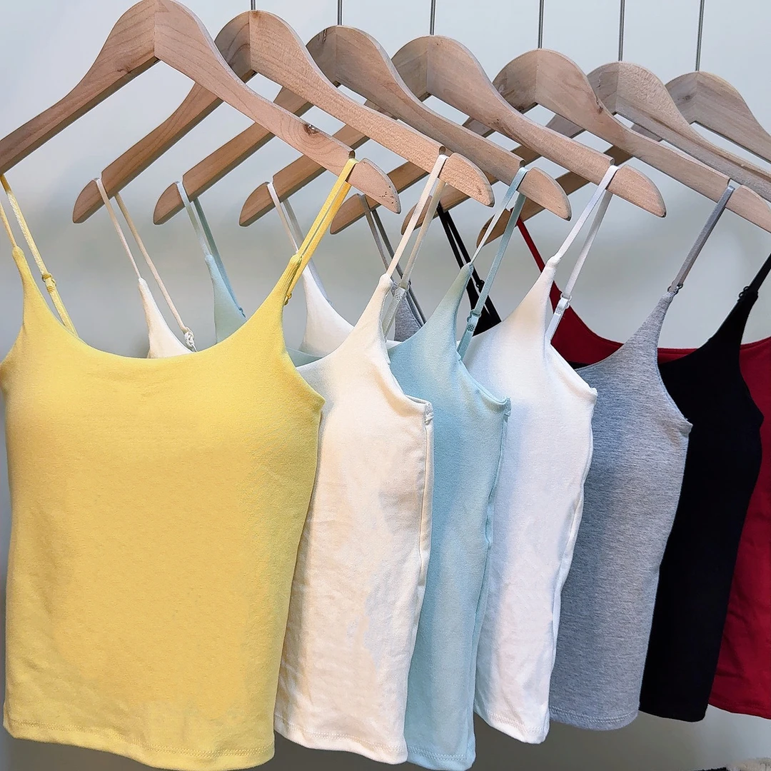 新款甜美风纯色小吊带背心女外穿内搭夏季修身带胸垫美背短款上衣