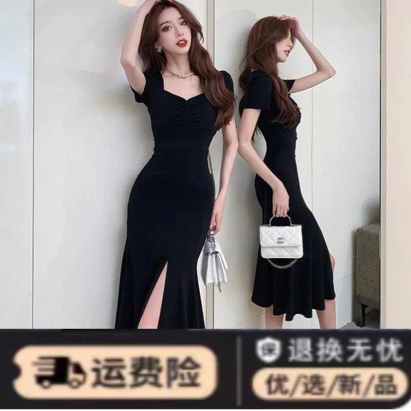 夏季御姐轻熟风性感方领包臀裙子短袖连衣裙女气质收腰开叉鱼尾裙