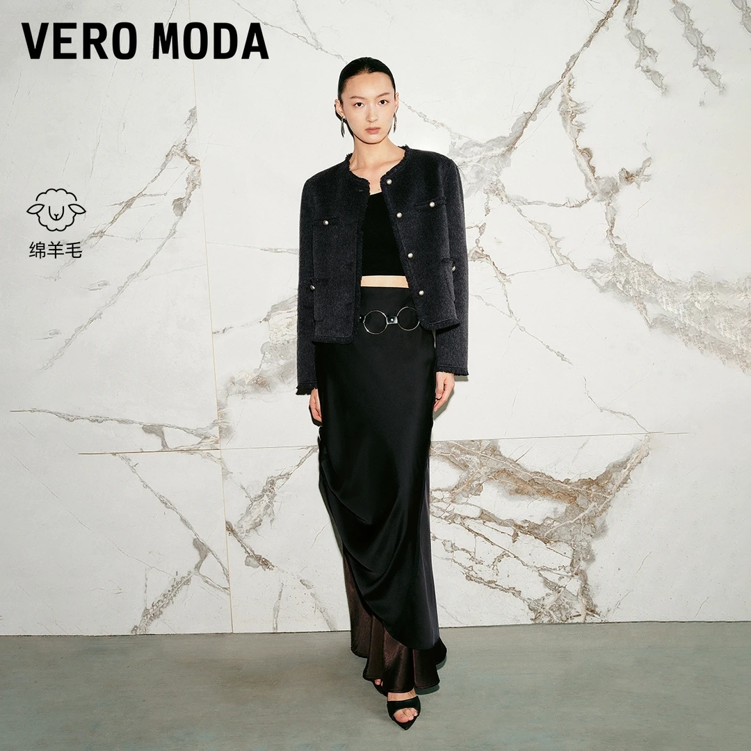 Vero Moda毛呢外套25新款纯羊毛流苏包边上衣气质流光风老钱风
