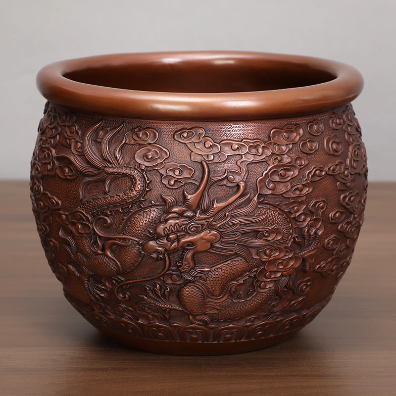 紫铜祥云双龙缸摆件全铜龙纹浮雕紫铜缸客厅龙纹缸中式创意摆设