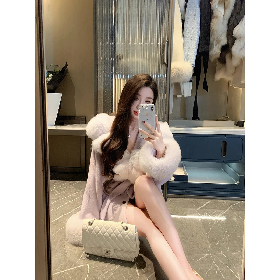 JustQin【精灵狐】秋冬新款澳毛狐狸大毛领双面呢大衣女外套