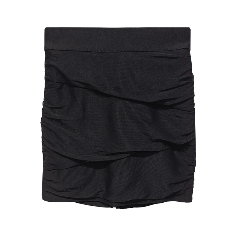 黑色设计感包臀半身裙女夏季时尚简约职业百搭褶皱拉链弹力短裙