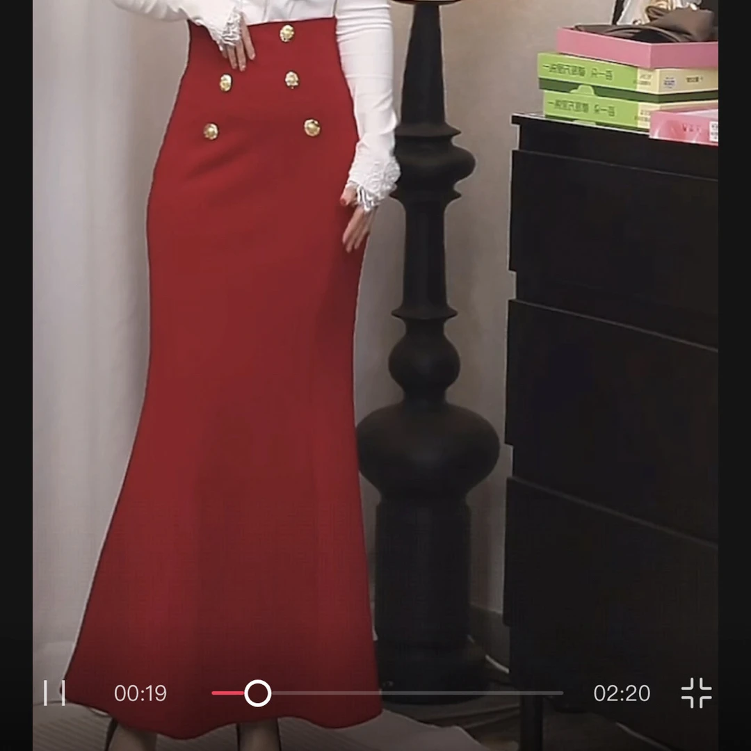 薇儿娜秋冬新款法式气质修身黑色鱼尾加厚双排扣包臀半身裙