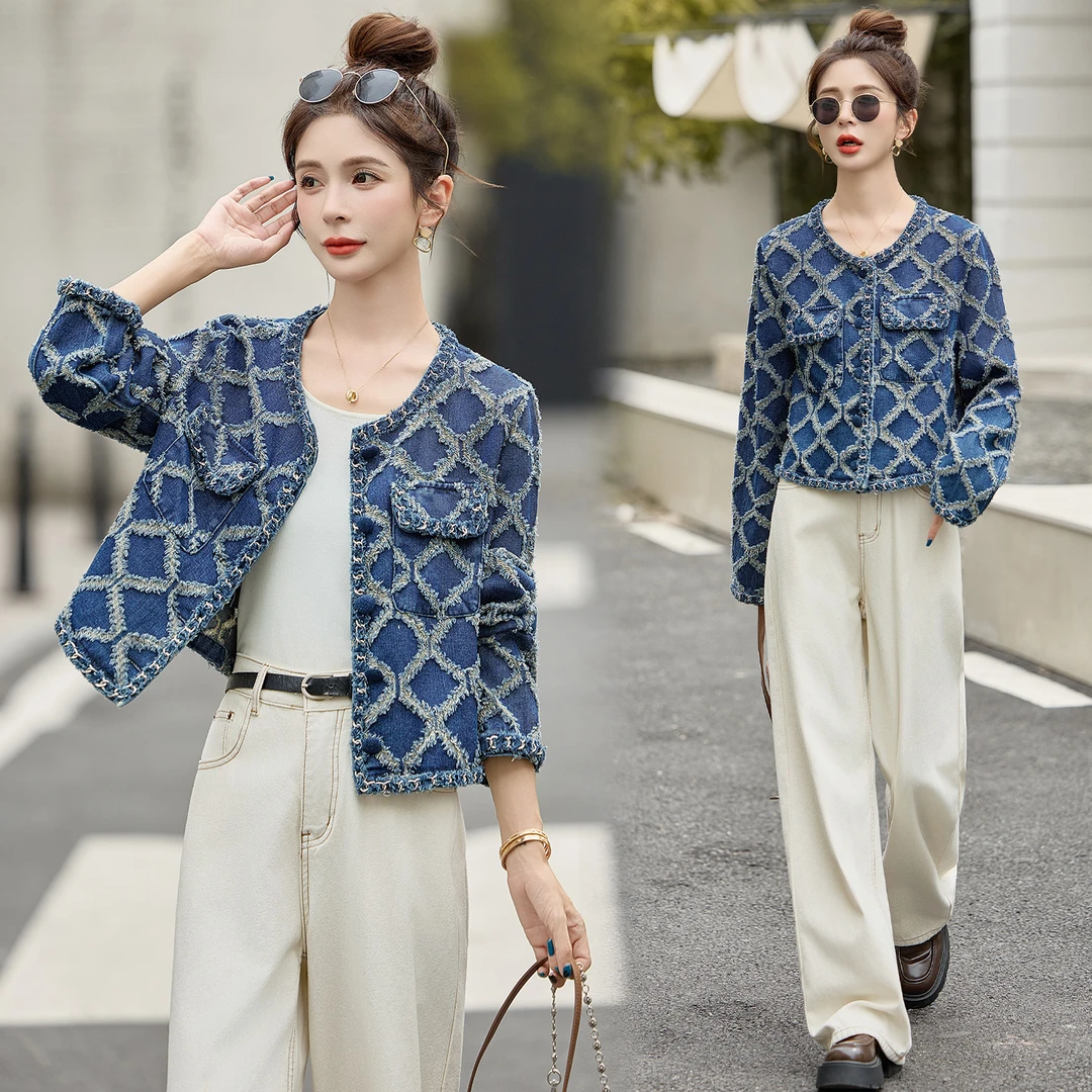 法式小香风短款牛仔外套女2025年秋季新款小个子菱格百搭休闲上衣