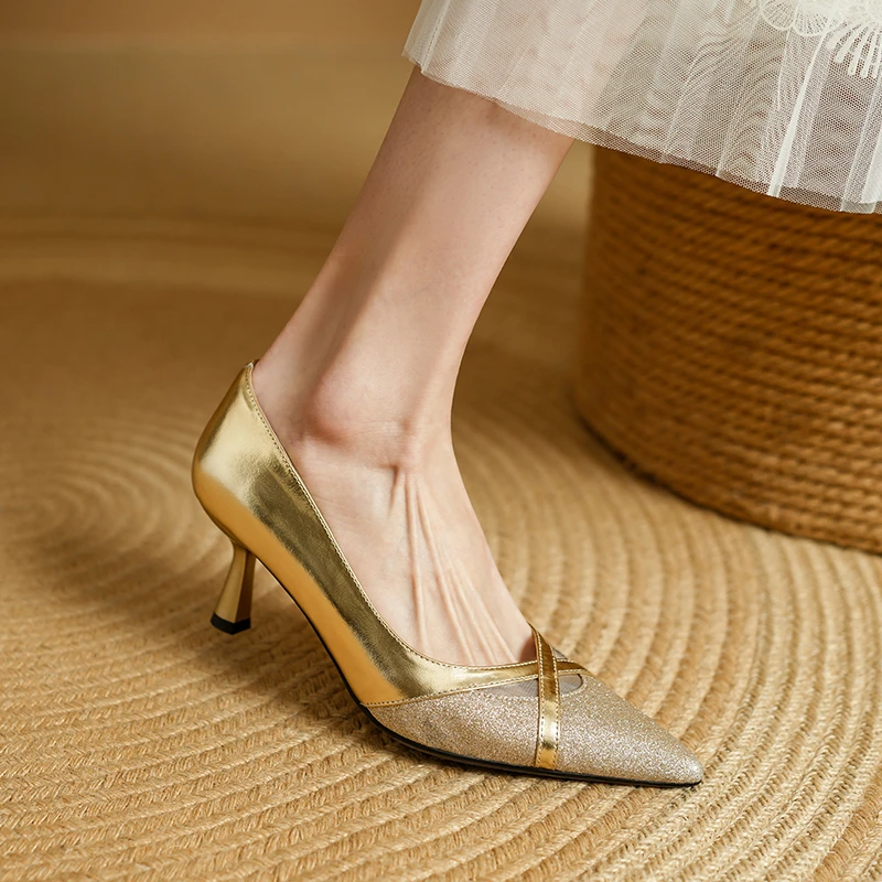 轻奢鞋子优雅穿法式单鞋女浅口秋冬细高跟真皮鞋金色40码设计感小