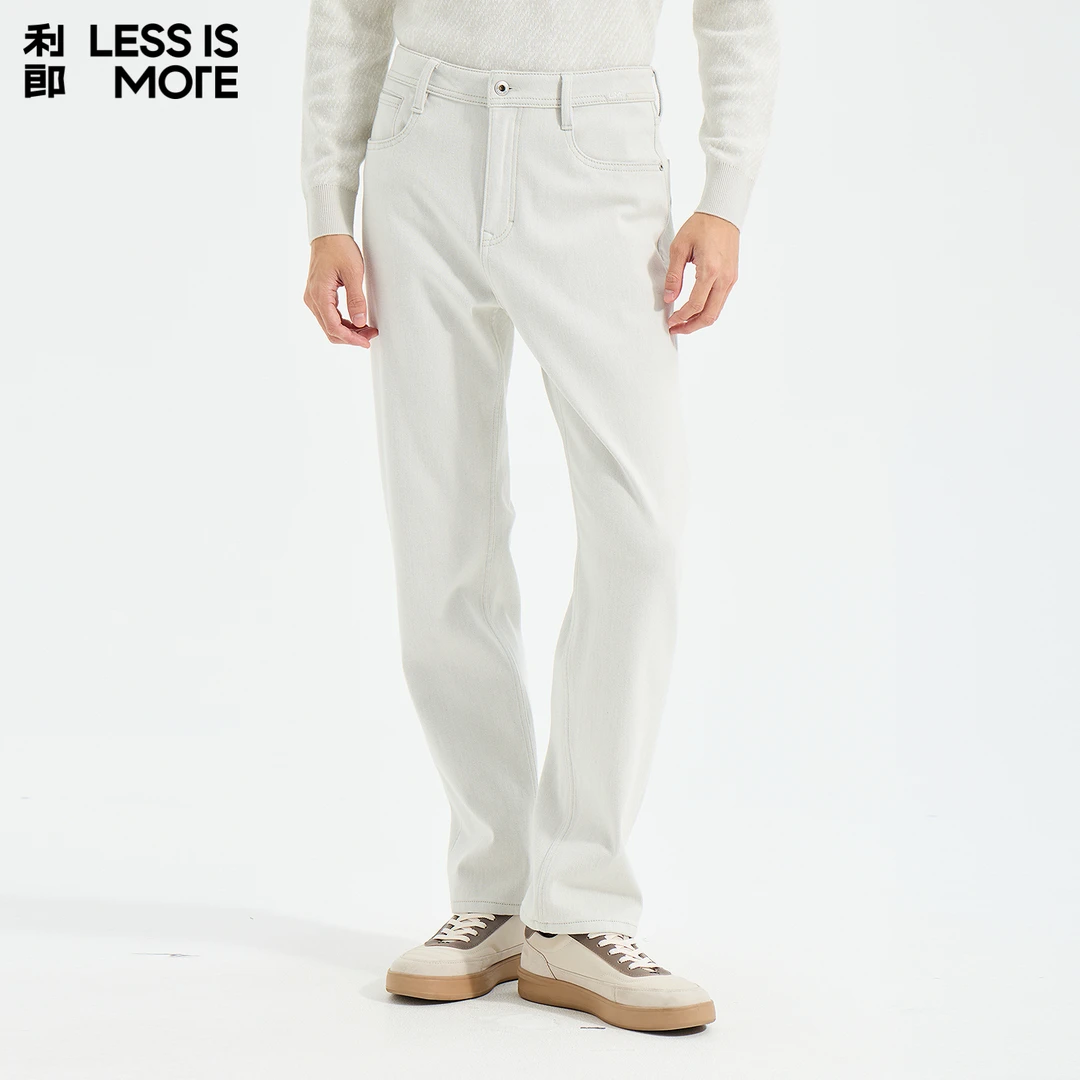 利郎[商场同款]25冬季米白色牛仔裤男士中腰水洗宽松阔腿弹力休闲