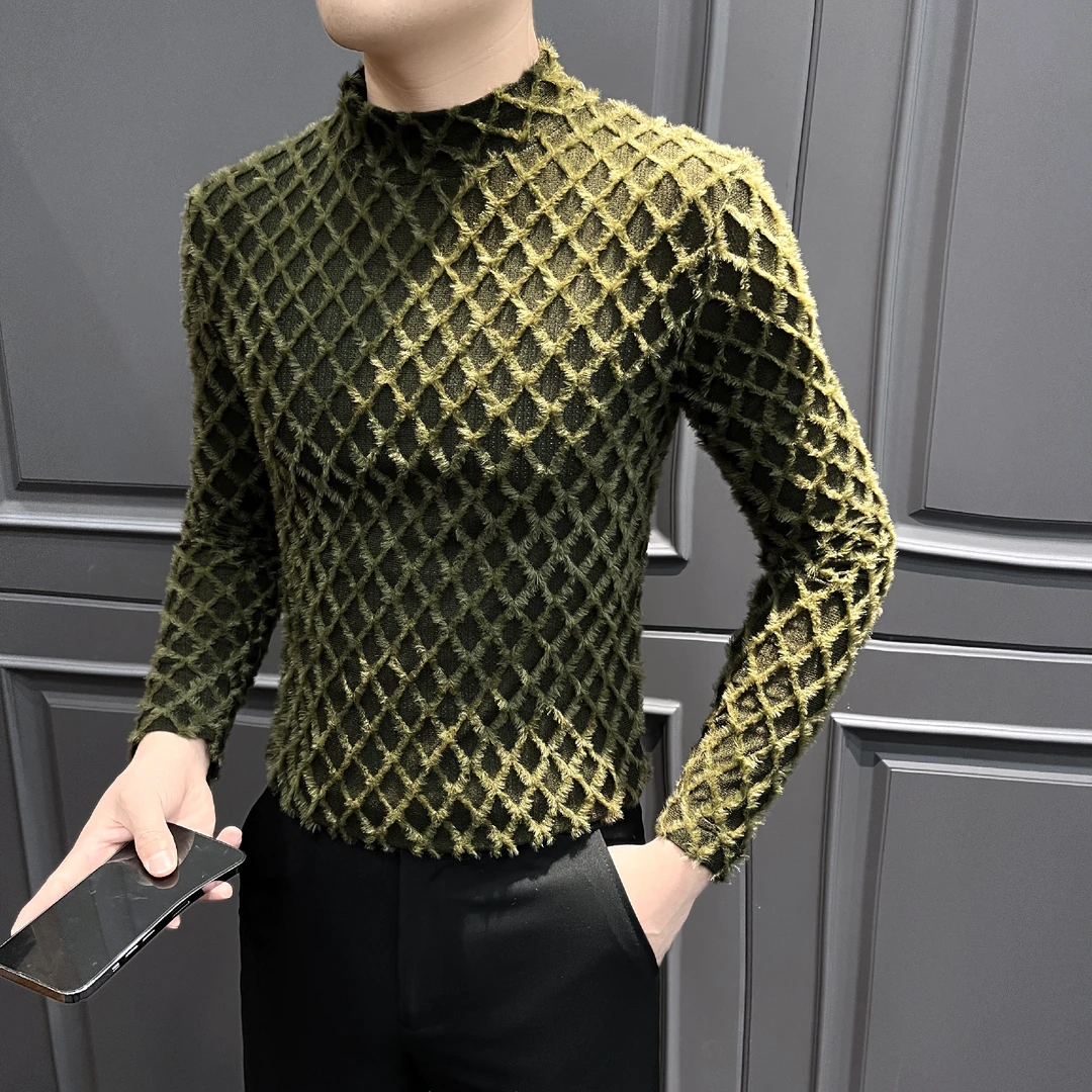 半高领毛绒打底衫男款爆款2025新款秋季格子潮流时尚男士长袖T恤